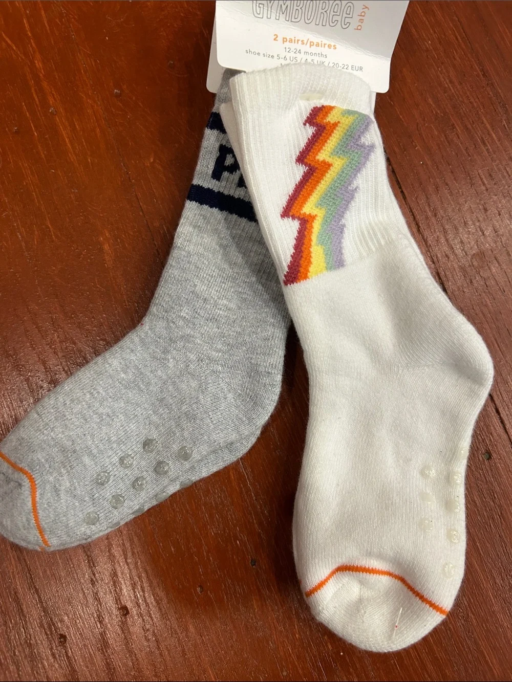 Gymboree Kids' Crew Socks - White & Gray with Rainbow Lightning